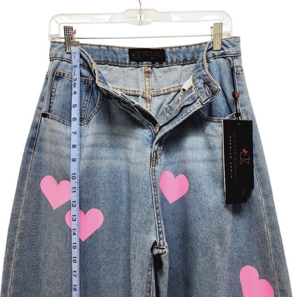 Love For Humanity Womens High-Rise Wide-Leg Jeans Pink Heart Accents Size 7/ 28 - Picture 9 of 15